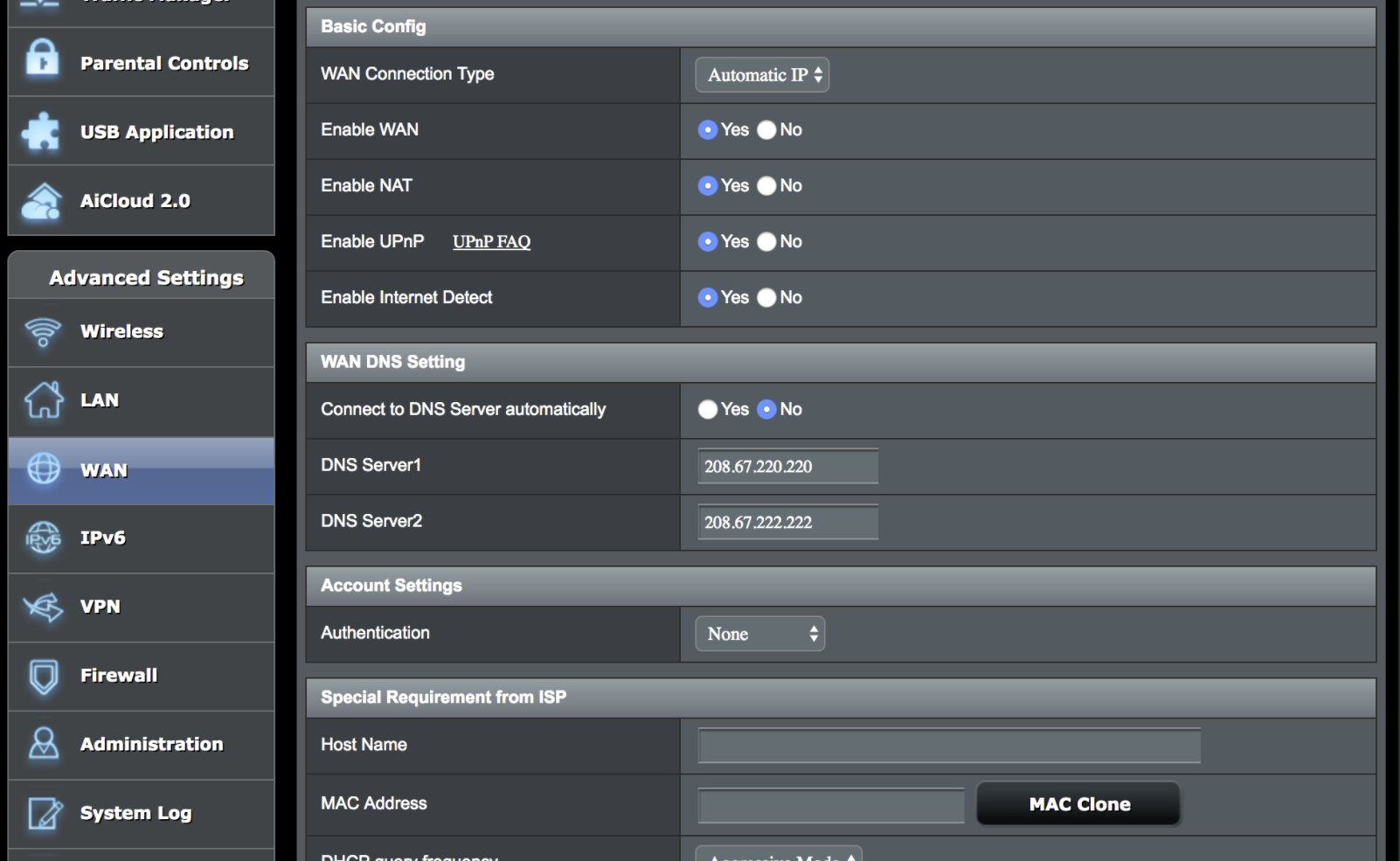 Configuration for ASUS RT-AC21U – OpenDNS